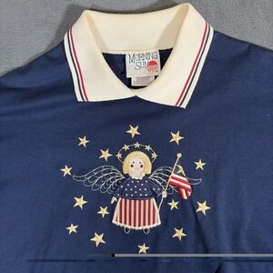 VTG 90s Morning Sun Women's Patriotic Angel Polo Shirt L Jerzees Grandmacore USA